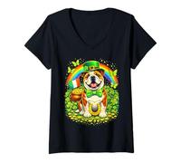 Women's Lucky Bulldog St Patrick’s Day Rainbow Shamrock Dog Lover V-Neck T-Shirt