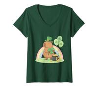 Women's Lucky Capybara Holding Clover Irish Rainbow St Patrick's Day V-Neck T-Shirt