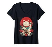 Womens Lucky Cat Maneki Neko Japanese Vintage Retro Sun V-Neck T-Shirt