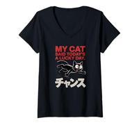 Womens Lucky Day Cat - Retro Anime Chance Graphic V-Neck T-Shirt