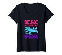 Womens Lucky Day Cat - Retro Anime Chance Graphic V-Neck T-Shirt