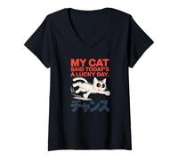 Womens Lucky Day Cat - Retro Anime Chance Graphic V-Neck T-Shirt