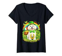 Women's Lucky Havanese St Patrick’s Day Rainbow Shamrock Dog Lover V-Neck T-Shirt