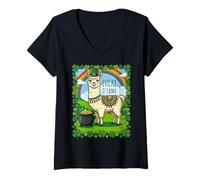 Women's Lucky O'Llama St. Patrick's Day 2026 Rainbow Shamrocks V-Neck T-Shirt