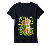 Women's Lucky Rabbit with Shamrocks Clovers St Patricks Day Animal V-Neck T-Shirt