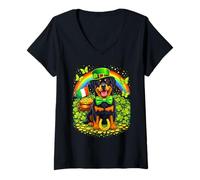 Women's Lucky Rottweiler St Patrick’s Day Rainbow Shamrock Dog Lover V-Neck T-Shirt