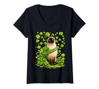Women's Lucky Siamese Cat with Shamrocks Clovers St Patricks Day V-Neck T-Shirt