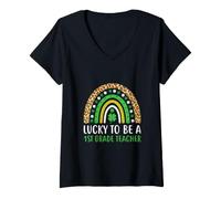 Women's Lucky to Be A 1st Grade Teacher Rainbow St Patricks Day V-Neck T-Shirt