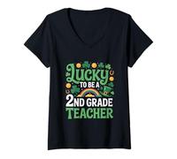 Women's Lucky to Be a 2nd Grade Teacher St Patrick's Day Shamrock V-Neck T-Shirt