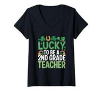 Women's Lucky to Be a 2nd Grade Teacher St Patrick's Day Shamrock V-Neck T-Shirt