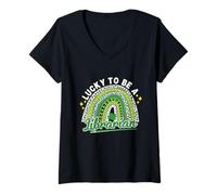 Women's Lucky to Be A Librarian St Patricks Day Leopard Rainbow V-Neck T-Shirt