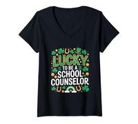 Women's Lucky to Be a School Counselor St Patrick's Day Shamrock V-Neck T-Shirt