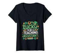 Women's Lucky to Be a Teaching Assistant St Patrick’s Day Shamrock V-Neck T-Shirt