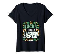Women's Lucky to Be a Teaching Assistant St Patrick’s Day Shamrock V-Neck T-Shirt