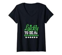 Women's Lucky to Be an Esthetician St Patricks Day Irish Shamrock V-Neck T-Shirt