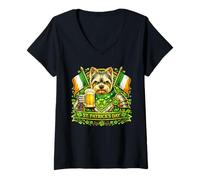 Women's Lucky Yorkshire Terrier St Patrick’s Day Green Beer Shamrock V-Neck T-Shirt