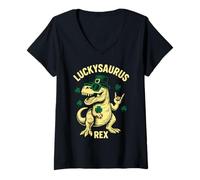 Women's Luckysaurus Rex - Dinosaur St. Patrick's Day T-Rex Shamrock V-Neck T-Shirt