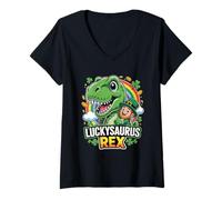 Women's Luckysaurus Rex St Patricks Day Dino Kids Rawr Outfit V-Neck T-Shirt