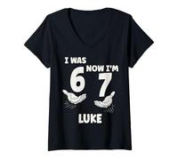 Women's Luke Personalized I was 6 Now I'm 7 Birthday Boy Bday V-Neck T-Shirt