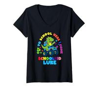 Womens Luke Schoolchild Personalized Back to School Dino Truck V-Neck T-Shirt