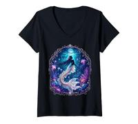 Women's Luminous Mermaid Ocean Moon Jellyfish Fantasy Art V-Neck T-Shirt