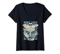 Women's Luna Moth Art Witchy Nature Crescent Moon Floral V-Neck T-Shirt