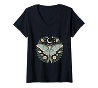 Womens Luna Moth Crescent Moon Floral Circle Cottagecore V-Neck T-Shirt