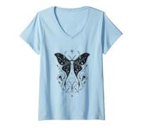 Women's Luna Moth with Henbane Gothic Insect and Moon Mystic Nature V-Neck T-Shirt