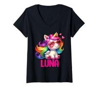 Womens Luna Personalized Name Colorful Unicorn Women Girls V-Neck T-Shirt