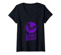 Womens Lunacy of The Beast Bat Flying Against Purple Moon V-Neck T-Shirt