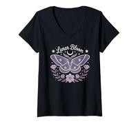 Womens Lunar Bloom Butterfly Moon Witchy Aesthetic Celestial Moon V-Neck T-Shirt