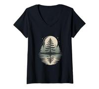 Women's Lunar Night Pine Forest Reflected in Lake V-Neck T-Shirt