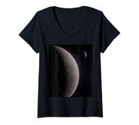 Women's Lunar Surface View with Earth Crescent Astronomy Scene V-Neck T-Shirt