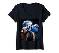Womens Lunar Three Goats Under Full Moon Night Sky V-Neck T-Shirt