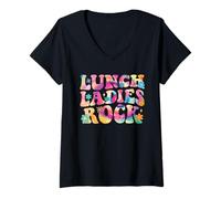 Womens Lunch Ladies Rock Tie Dye Cafeteria Crew Groovy Lady Squad V-Neck T-Shirt