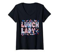 Womens Lunch Lady 4th Of July US Flag Fireworks Patriotic Job Team V-Neck T-Shirt