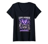 Women's Lupus Warrior Unbreakable Purple Butterfly Wolf Pack Bootleg V-Neck T-Shirt