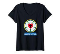 Womens Luther Rose Heart Cross Symbol Coat of Arms Protestant Martin Luther V-Neck T-Shirt