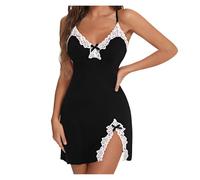 Women's Luxe Lace Chemise Nightdress | V-Neck Modal Cotton | Adjustable Scallop Trim | Valentine's Sleepwear Lingerie | Bridal Nightgown, Boudoir Dress Honeymoon Nightwear Black