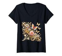 Womens Luxurious Butterflies, Wildflowers and Vines Shapes Mania 2 V-Neck T-Shirt