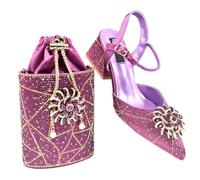 Women's Luxury High Heel Diamond Bag Set Nigerian Party Shoes Oval Clutch with Rhinestones for Weddings Magenta