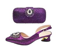 Women's Luxury Italian Shoes and Matching Bag Set Full Rhinestone Diamond Design Elegant Party Heels and Handbag Purple