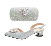 Women's Luxury Italian Shoes and Matching Bag Set Full Rhinestone Diamond Design Elegant Party Heels and Handbag Silver