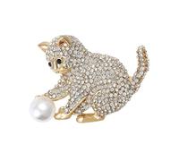 Womens Luxury Rhinestone Cat Pearl Animal Brooch Pin Golden5042