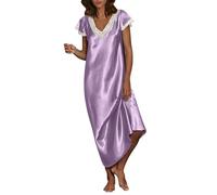 Womens Luxury Satin Long Chemise Ladies Sleeveless Lightweight Lace Nightdress Comfotable Breathable Summer Nightwear Long Negligees Strap Chemise Nighties V Neck Full Slips Sleepwear s for Women