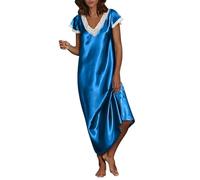 Womens Luxury Satin Long Chemise Ladies Sleeveless Lightweight Lace Nightdress Comfotable Breathable Summer Nightwear Long Negligees Strap Chemise Nighties V Neck Full Slips Sleepwear s for Women