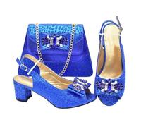 Women's Luxury Shoe and Bag Set Nigerian Italian Style High Heels with Rhinestone for Weddings Parties Blue