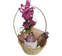 Women's Luxury Spa Gift Hamper with Body Butter, Bath Soak, Face Cleansing Wipes, Purple Roses, Woven Basket with Pink Ribbon
