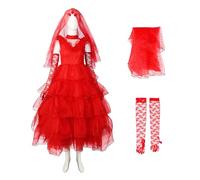 Womens Lydia Deetz Costume Horror Gothic Wedding Dress Bride from Hell Red Lace Dress Halloween Outfits