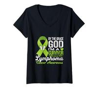 Womens Lymphoma Cancer Awareness Green Ribbon I'm A Survivor V-Neck T-Shirt